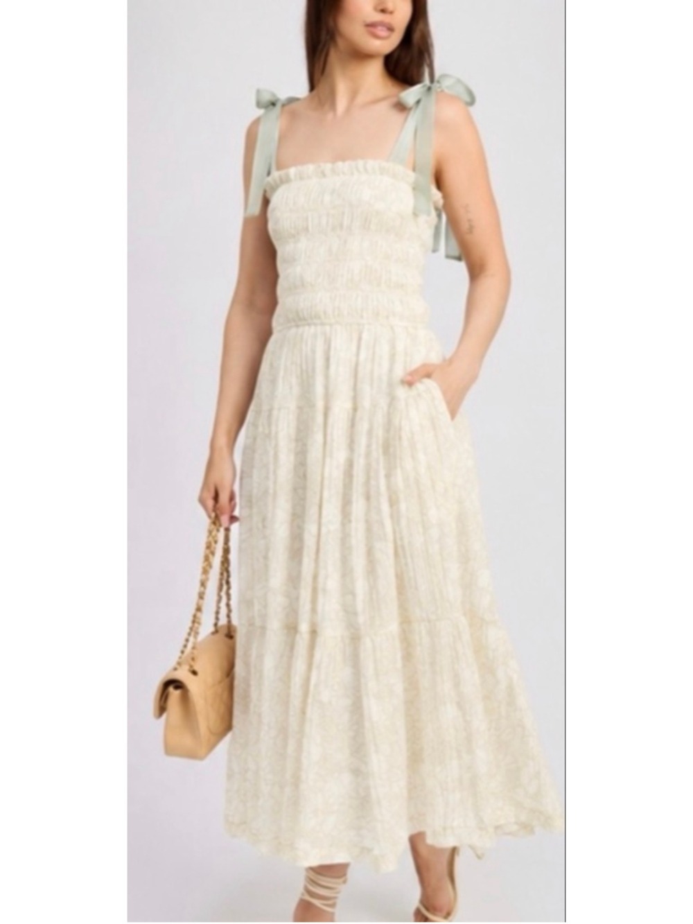 New Saison Cream & Sage Green Smocked Maxi Dress L Tie Shoulder